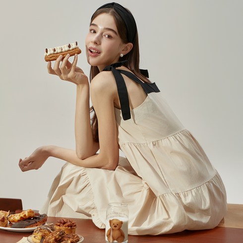비키니밴더 여성용 라피네 리본 티어드 롱 원피스