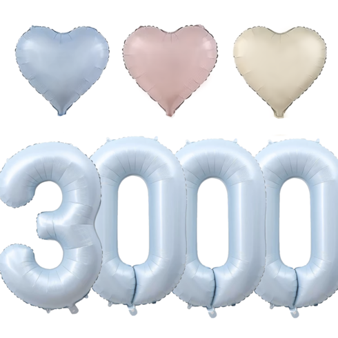파파 파티 대형 하늘색 숫자 풍선 세트 기념일 생일, 1세트, 하늘 3000 + 크림 하트 3p