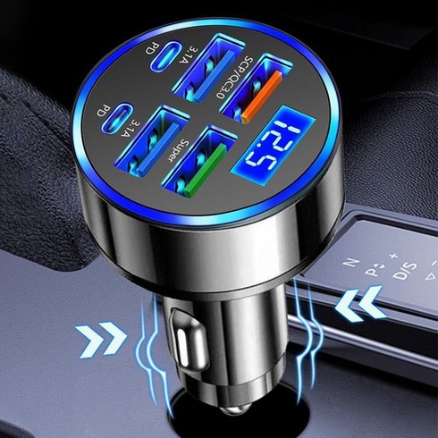 차량용 고속 충전기 시거잭 멀티소켓 차량충전기 4개 Usb+2개 type-c 급속 충전구, 블랙, 3A