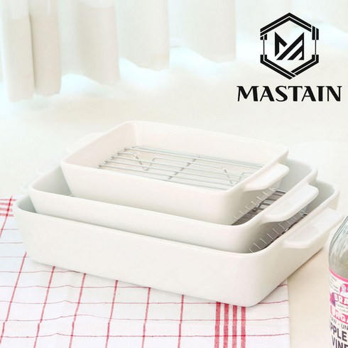 [MASTAIN 내열 세라믹 오븐 밧드] 에어프라이어 그라탕 용기 그릇 오븐용 트레이, 1세트, SML (밧드+망)