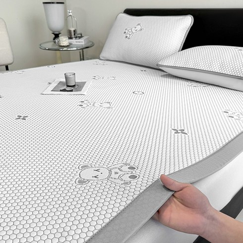 Roomxyd 침대패드 곰무늬 사계절 매트리스 침대패드 고정밴드형, 쿨매트, 그레이