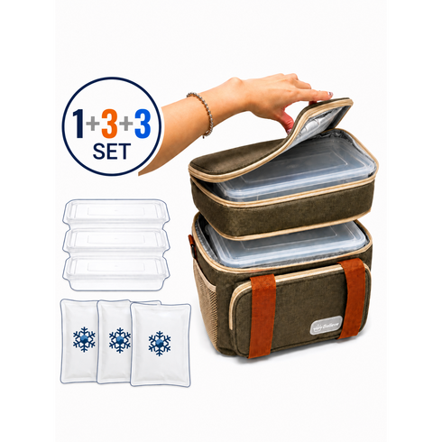 Believe 2단분리 보냉백1 + 전용아이스팩3 + 맞춤밀폐용기3 필수구성, 올리브브라운, 16L