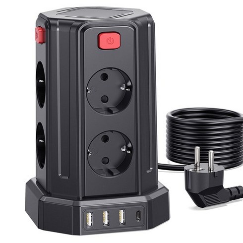 과부하차단 USB 타워 멀티탭 - 블랙 - 3M 전선 - USB 멀티탭 12구 (8소켓 3*USB-A 1*USB-C) KC 인증서 취득, 검은색, 1개