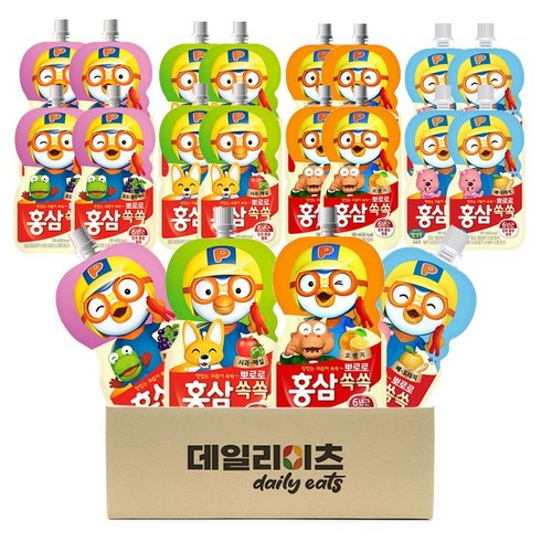 [데일리이츠] 팔도 뽀로로 홍삼쏙쏙 어린이용 4종 5개씩 20포 (오렌지맛5 포도블루베리5 사과매실5 배도라지5), 1세트, 100ml