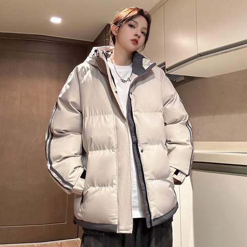 스타일닥터 남녀공용 겨울 후드 패딩 점퍼 배색 라인 오버핏 하이넥