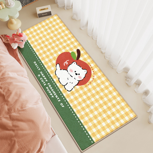 60*160cm 베란다매트 위글위글 러그 거실러그 침실 카펫 로맨틱 감성 침실 케페트 거실 발매트 침대옆 인테리어, 노란체크 애플강아지