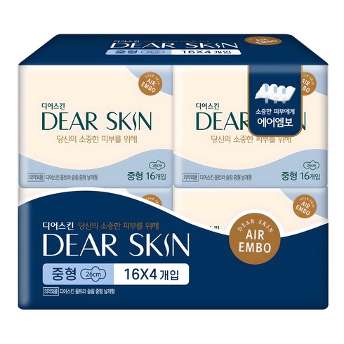 디어스킨 에어엠보 생리대 날개형, 중형, 16개입, 4개