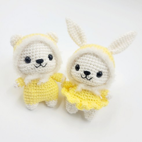 코바늘 인형 만들기 DIY 키트 토끼 곰돌이 뜨개 키링 만들기 세트 뜨개질 재료 패키지, 1개, 노랑