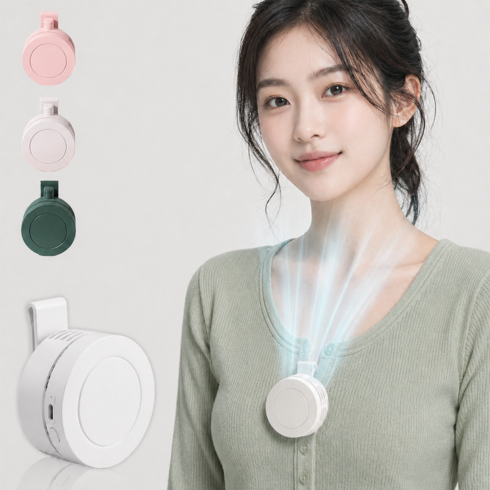 Darlisex 무선 휴대용 클립 선풍기 3단 풍속 + 360도 회전 목걸이/허리/칼라 겸용, 흰색, USB