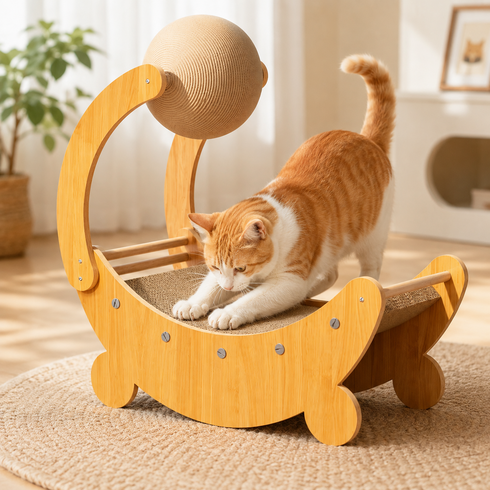 고양이 스크래쳐 골판지 문보트 모양 536x256x560mm 낮잠 겸용 대형 캣타워 장난감 볼 포함, 1개, 노란색