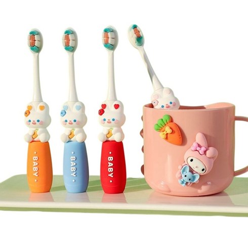 멜로우두두 KC인증 어린이 아기 캐릭터 칫솔 3종세트, 1세트, 3매입, 레드 C 토끼 세트