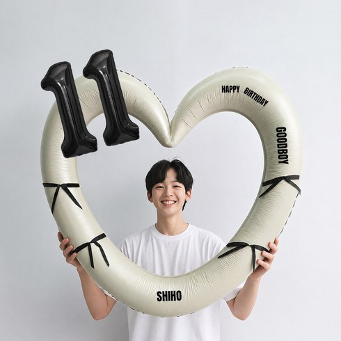 해피제이니 블랙 숫자 하트프레임 풍선 생일파티용품세트(프리레터링 시트지 포함) 포토존, 1세트, 11 크림하트