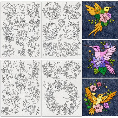 4개 벌새와 꽃 패턴 수공 재봉 수용성 자수 종이 안정기 297x210mm, 혼합 색