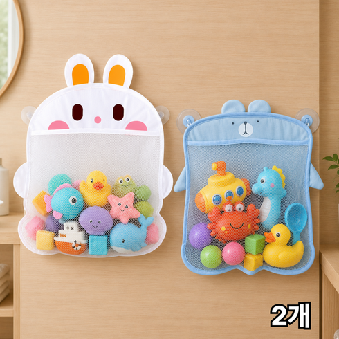 엔코픽 장난감정리망 욕실 물놀이 매쉬 흡착식, 1개, 블루 곰 + 화이트 토끼