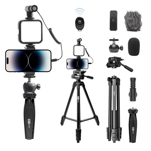 USKEYVISION 촬영 장비 세트 마이크 포함 보조조명 브이로그 촬영 삼각대 세트, 1개, 검은색, K4