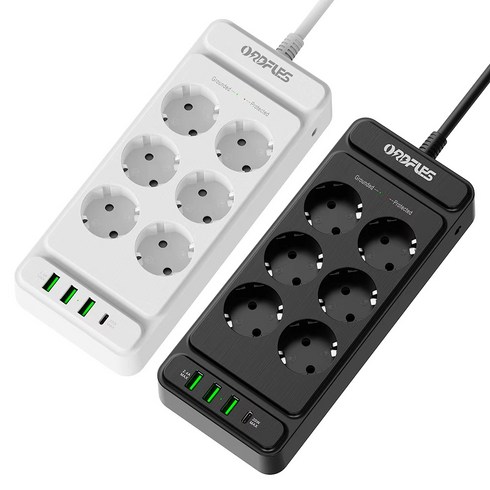 ORDFLES C타입 고속충전 PD20W USB 멀티탭 4/6/8구 고용량 4000W 과부하차단 KC인증, 6구  블랙, 1개, 2m