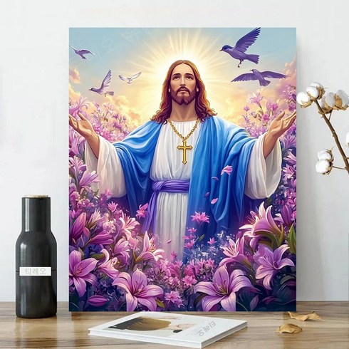 보석십자수 캔버스형 원형비즈십자수 DIY키트 40x50cm 3D 대형 선물용 재물 객실 풍수 인테리어, 1세트, 30 예수님 백합꽃
