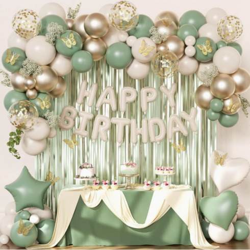 보미프 생일파티 이벤트 풍선 장식 패키지 세트, 1세트, 그린골드