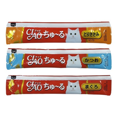 일본 반려묘 식품 이나바 챠오츄르 고양이 간식 3가지맛 x 3세트 총27포, 14g, とりささみ, かつお, まぐろ