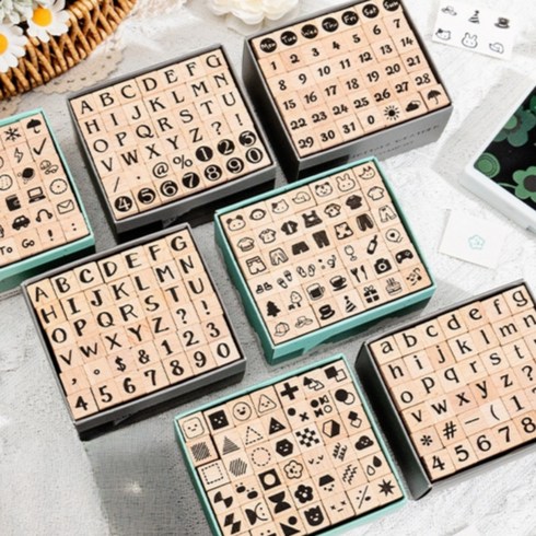 봄밤 미니 천연 원목 스탬프 세트 42pcs 다꾸, 해피애니멀, 1박스