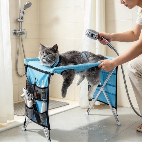 강아지 고양이 목욕 거치대 접이식 애견 미용해먹 접이식 샤워 해먹 미용대 드라이 발톱관리 소형중형견겸용, 1개, 푸른 색