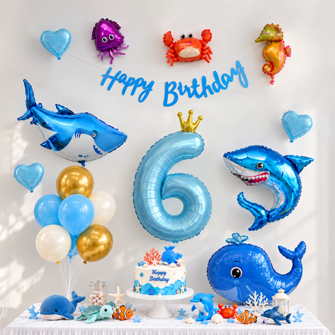 해피제이니 상어 고래 바다동물 풍선 생일파티세트, 1세트, 숫자풍선6