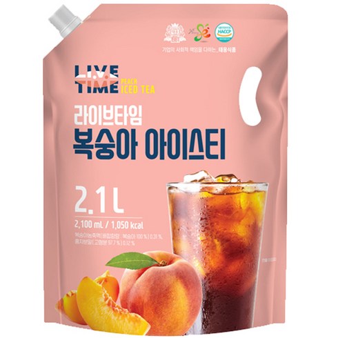 태웅 라이브타임 복숭아아이스티 대용량파우치음료, 2.1L, 1개