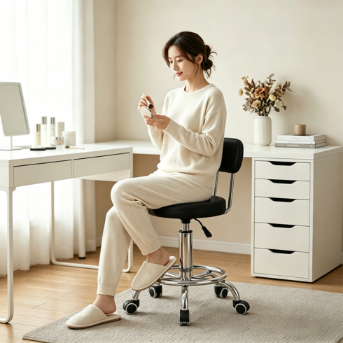 하루꿈 작업용 의자 이동식 회전 체어 미용 높이조절 바퀴 등받이 편안한 미용 홈바 쿠션 스툴, 블랙, 1개