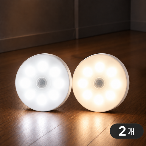 캠라 LED 인체 감지 원형 센서등 C타입 충전식 무선 자석 부착형 상시 점등, 2개, 3색 변환