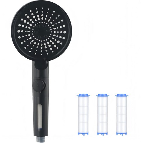 6단 수압상승 12cm 대형 패널 필터 샤워헤드 원터치 물잠금 샤워기, 블랙+필터*3, 1개