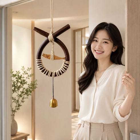 BIKASU 소코뚜레 액막이 명태 북어 도어벨 집들이 개업 선물 인테리어 고급 선물, 원목색