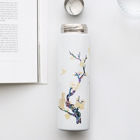 중앙공예관 로켓 천연 자개 텀블러 500ml 프리미엄 SUS 316 스테인리스 텀블러 차망포함 물 비린맛 없는 텀블러, 매화고양이 흰색, 1개