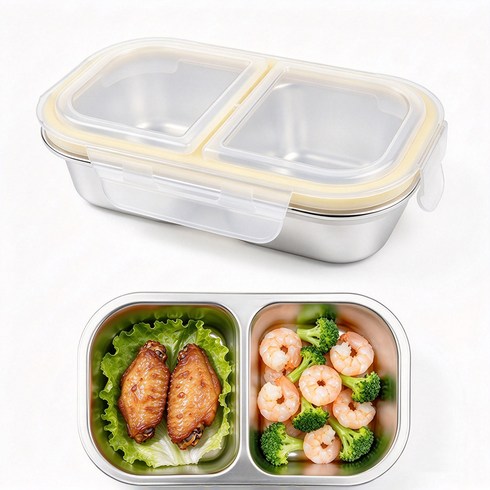 304 스테인리스 스틸 다이어트 도시락 과일 도시락 직장인 도시락 채소 과일 보관용기 다이어트 용기 학생 간식 용기 다용도 식품 용기 다구획 밀폐형 냄새 차단, 1개, 사각형 2칸 400ml 노란 뚜껑