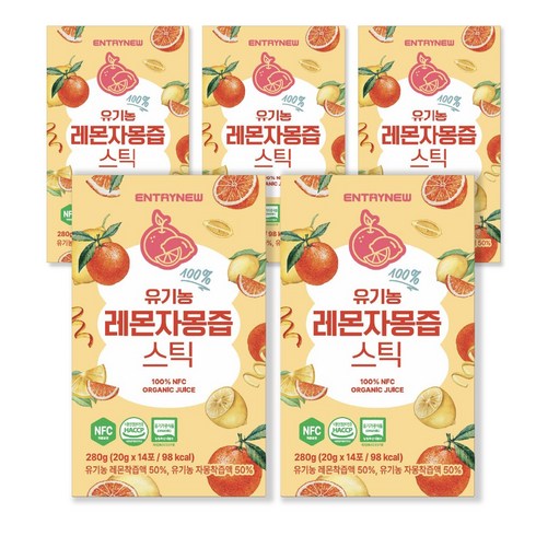 엔트리뉴 유기농 레몬 자몽즙 100% NFC 착즙 원액 레자몽 농축액 스틱, 5박스, 280g