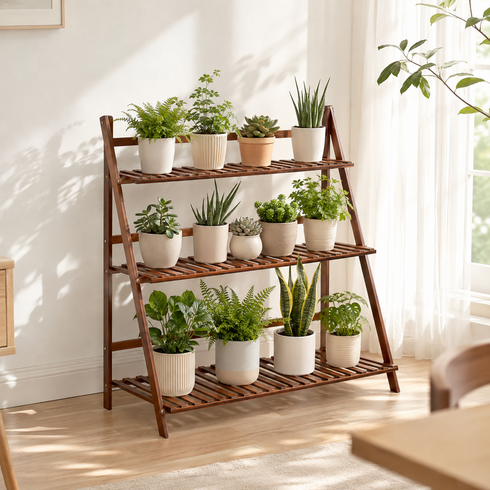 쿠리브 원목색 화분받침대 화분 정리대 다용도 수납선반, 3단, 월넛 70cm