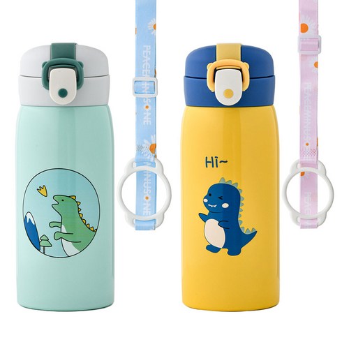 코코메이트 원터치 보온보냉 공룡 텀블러(350ml) 스트랩세트, 민트+옐로우, 1개, 350ml