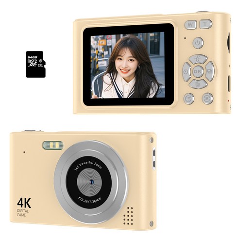 RUNHome 4800w 레트로 미니 디지털 카메라 여행용 인생+64G메모리카드, 골드, H15