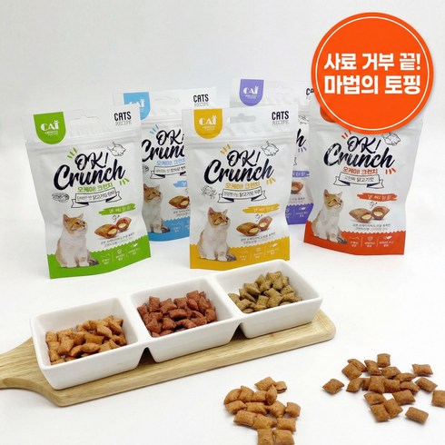 고양이 사료 거부 입짧은 바삭한 토핑 기호성 좋은 오케이크런치 간식 치킨, 닭고기&연어, 60g, 1개
