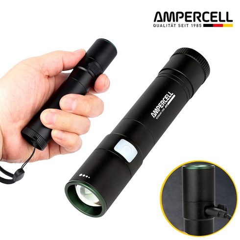 AMPERLIGHT 독일브랜드 파워뱅크 충전식 LED 후레쉬 줌 랜턴 방수 손전등 전술 캠핑 자전거 조명, 1개