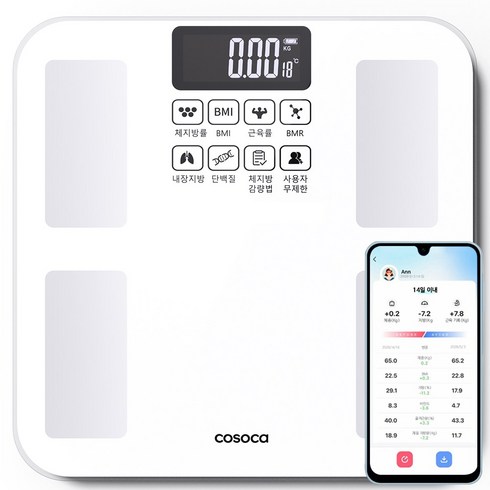 코소카 디지털 LCD 가정용 스마트 인바디 체지방 체중계, 1개, 화이트, FL5049-8