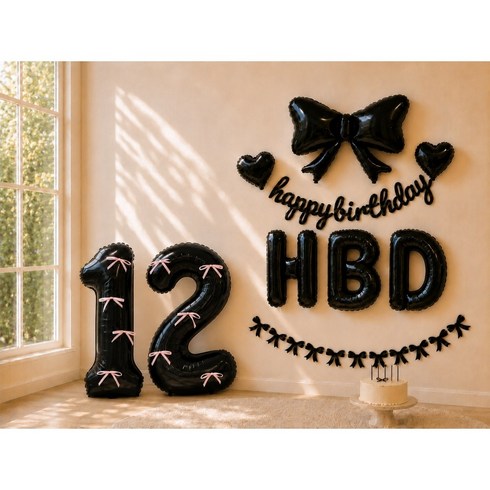 이벤트홀릭 리본 생일파티 풍선 가랜드 대형 숫자풍선 장식 세트, 1개, 12 블랙