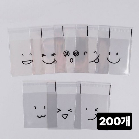 펀펀스마일 표정 캐릭터 쿠키 포장 OPP 봉투 투명 접착 비닐 답례품 디저트 포장용, 200개