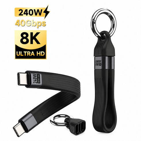 시카이 240W 13cm 초고속 미니 충전 케이블 열쇠고리형 휴대 케이블 C to C 단자 선더볼트 지원 40Gbps 여행용 외출용 미니 케이블, 1개, 블랙, 130mm