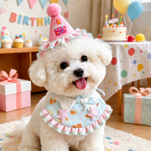 강아지 고양이 생일모자 프릴 케이프 세트 반려동물 생일파티 촬영소품, 1개, 핑크