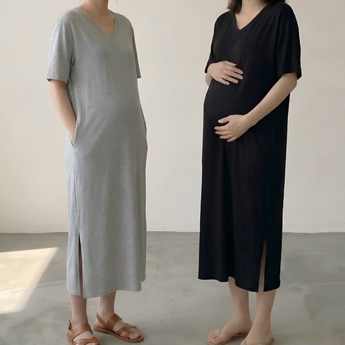 [당일출고] 수엠W 1+1 임산부 반팔 롱 원피스 브이넥 루즈핏 홈웨어 P10 라잇브이원피스