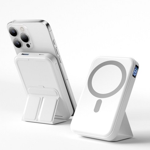 맥세이프 보조배터리 10000mAh 무선 보조배터리 고속충전 PD22.5W QC3.0 C타입 핸드폰거치대, 화이트, W15