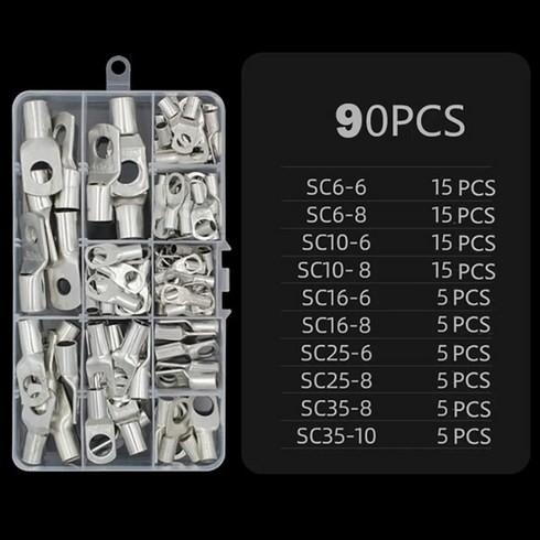 케이블 러그용 90PCS SC 전기 단자 주석 도금 구리 러그 링 와이어 커넥터 베어 케이블 단자 10가지 크기, 1박스