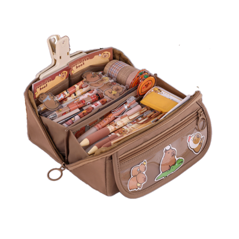 리앤픽 180도 대용량 필통 펜 파우치, 1개, 밀크 브라운