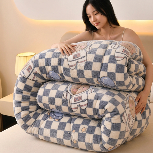 두꺼운 겨울 이불 양털기모 차렵이불 따뜻함 유지 귀여운 곰도리 이불 간절기 이불, 우주인 곰돌이