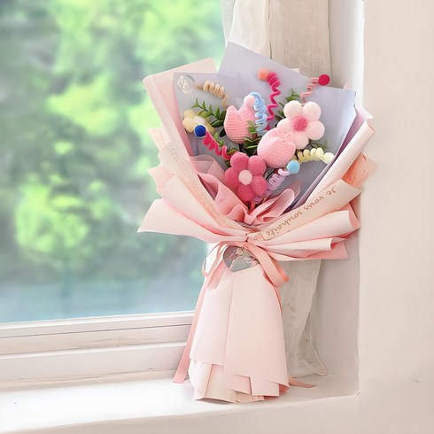 아스파시아 조화 꿈빛 모루 양모 튤립 꽃다발, 핑크, 1개